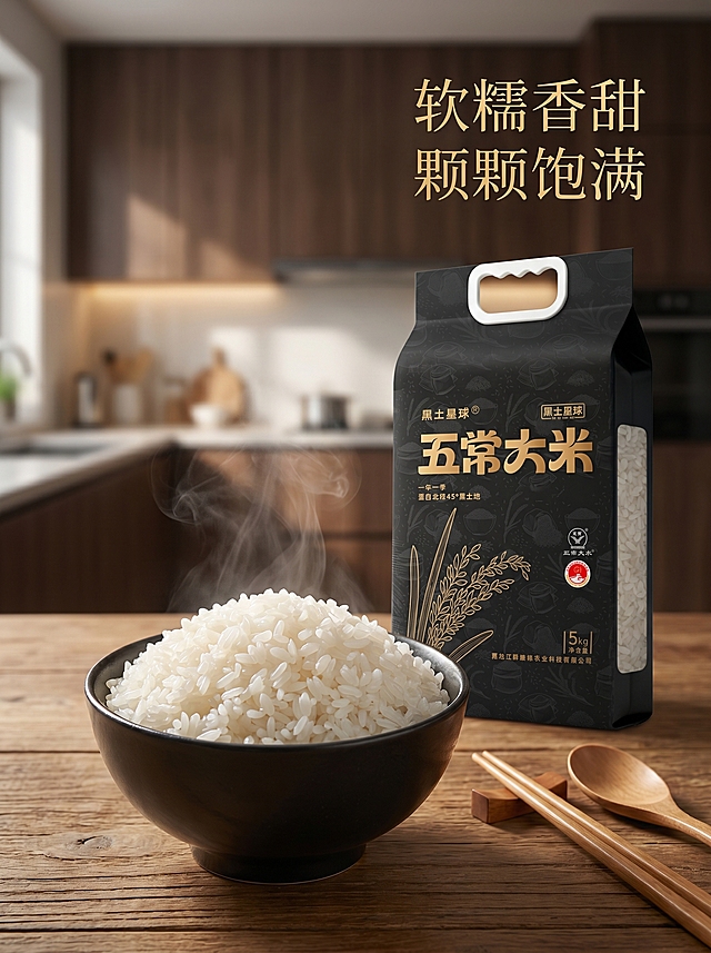 [主图 4] 五常大米烹饪场景体验图，黑金色高级风。
[氛围风格] 温馨生活氛围感，诱人食欲，高级质感；
[质感] 商业摄影质感，光线柔和通透，产品清晰真实，画面干净高级。
[元素] 一碗煮好的五常大米饭放在木质餐桌上，米饭颗粒分明香气腾腾，右上方放置五常大米产品包装袋，旁边搭配干净的原木餐具，背景虚化整洁的厨房空间。保持产品包装外观（物理结构、材质质感、颜色）与输入产品图绝对一致，杜绝任何变形和色差，精细化处理。画面层次分明，满屏无边框，主体突出。
[光影] 柔和自然光从侧面照射，米饭散发自然光泽，热气呈现朦胧氛围感，整体光影温暖通透，黑金配色高级稳重。
[配色] 主色调黑色+金色，米饭自然白色，木色桌面点缀，整体配色高级温暖。
[视角构图] 平视 slightly 俯视角度，米饭作为前景主体，产品作为后景衬托，景深自然。
[文字版式] 右上角负空间，短句文案“软糯香甜 颗颗饱满”金色细体清晰展示，不遮挡主体，和背景对比清晰。
[比例分辨率] 3:4比例，2k分辨率；文字清晰锐利，画面超高清。
[负向提示词] 变形，水印，文字错乱，产品图模糊，背景杂乱，过度曝光，配色刺眼，遮挡主体。