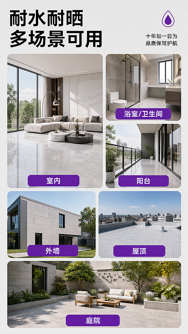 [第12张] 详情页适用场景页-美兰瓷水泥基多场景可用。参考图2的版式结构和紫色系配色风格，保持色系一致。
[氛围/风格] 多场景展示，全面覆盖，专业可信，紫色系统一。
[元素布局] 浅灰色背景，顶部标题区；下方场景图宫格布局：左侧大图「室内」客厅场景（明亮落地窗客厅，大理石瓷砖地面），右侧上下两小图「浴室/卫生间」和「阳台」；再下一行左右两图「外墙」和「屋顶」；最下方大图「庭院」户外场景；每个场景图下方配紫色圆角按钮标签。
[光影质感] 各场景自然光线，明亮通透，整体统一柔和光感。
[配色色系] 全局底色 #F0F0F0 浅灰；主色紫色 #7B2CBF 标签按钮；辅助色白色文字、各场景自然色、黑色标题。
[视角构图] 正面平视，宫格式布局，阅读动线从上标题 → 逐行浏览场景。
[文字版式] 顶部主标题「耐水耐晒 多场景可用」，黑色粗体大字两行，右上角水滴图标 + 小字「十年如一日为品质保驾护航」；每个场景图下方紫色圆角矩形按钮内白色文字：「室内」「浴室/卫生间」「阳台」「外墙」「屋顶」「庭院」；文字清晰可读，手机端适配。
[比例分辨率] 9:16 竖版比例，4K分辨率，文字清晰可辨，高清画质。
[负向提示词] 变形，水印，文字错乱，文字过小，颜色偏差，背景杂乱，场景模糊。