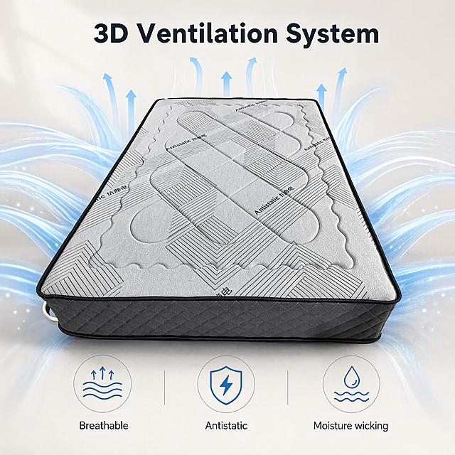 [Main image 4] Breathable and moisture-wicking function display. [Atmosphere style] Consistent with the overall warm modern style. [Image quality] Commercial photography texture, soft and transparent light, clear and real product, clean and advanced picture. [Elements] The picture shows the breathable principle of the mattress: the surface of the mattress is the main view, and the surrounding are translucent airflow lines to visualize the 3D ventilation channel. Keep the appearance (physical structure, material texture, color) of the mattress absolutely consistent with the input product image, eliminate any deformation and color difference, and perform fine processing. Three small icon labels are placed at the bottom, which respectively correspond to  Breathable, Antistatic, Moisture wicking. The picture is full-screen without border. [Light and shadow] Soft light, the airflow lines have soft light effect, prominent layers. [Color matching] Maintains the overall light gray and off-white tone, and the airflow lines are light blue for distinction. [Perspective composition] Centered main view, elements are scattered in an orderly manner. [Text layout] All text is in English, the main title "3D Ventilation System" at the top, three labels at the bottom, all text is clear and readable, does not block the main body. [Proportional resolution] 1:1 ratio, 4K resolution, text clear, super HD. [Negative prompt] Deformation, watermark, text confusion, blurred product image, messy background, Chinese characters.
