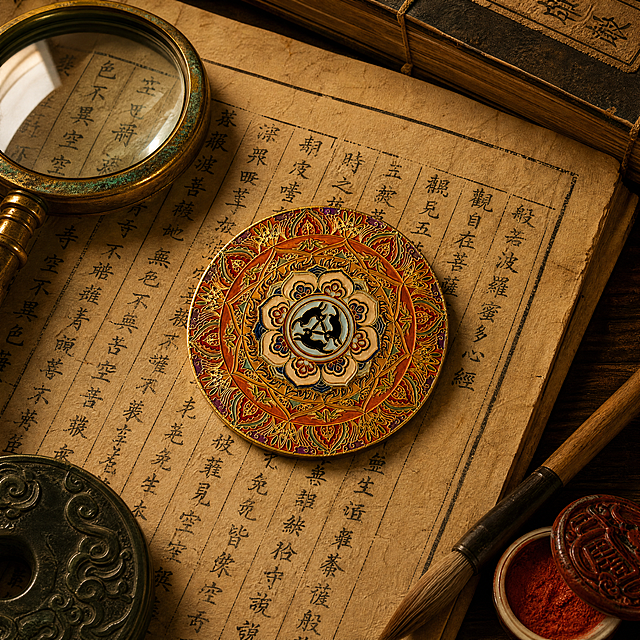 超写实文创手工艺品摄影。
主体：金属珐琅徽章严格参照上传产品图，完整保留所有可见组件、轮廓、结构、比例、材质、颜色与产品本体上的三兔共耳藻井纹样信息，与上传图完全一致；珐琅釉面光泽与金属描边细节清晰可见，手作珐琅填色痕迹至少1处清晰展示。产品占画面70%，近景特写，完整不裁切，背景无其他同类产品。
构图：平铺俯拍构图，45°正俯视，徽章平放于老书页中央。
风格：复古怀旧 · 主色土黄赭石 + 副色群青紫米白。
场景概念：敦煌古籍文创陈列场景，徽章平放于泛黄敦煌经卷书页上，暖黄烛光营造古卷珍藏感。
承载与背景：①承载面，泛黄古旧书页，纤维纹理与墨迹可见；②背景，深棕色木质书桌柔焦，堆叠的线装书。
陪衬物：①左上方，一枚黄铜放大镜，镜边铜绿斑驳；②右下方，一支狼毫毛笔与朱砂墨锭；③左下角，半块圆形墨玉镇纸。
配色 / 材质：土黄赭石 / 群青 / 鎏金 / 米白 / 墨黑；珐琅釉 / 金属镀金 / 古纸 / 黄铜 / 木材。
光影：主光从左上方斜前45°暖烛光射入，色温约3500K，照亮徽章珐琅面形成温润高光；辅光为右侧烛光反射补光，金属描边有柔和镜面反光，古纸纤维纹理侧光清晰。
参数：4K 写实光追。严格锁定宽高比为 1:1。