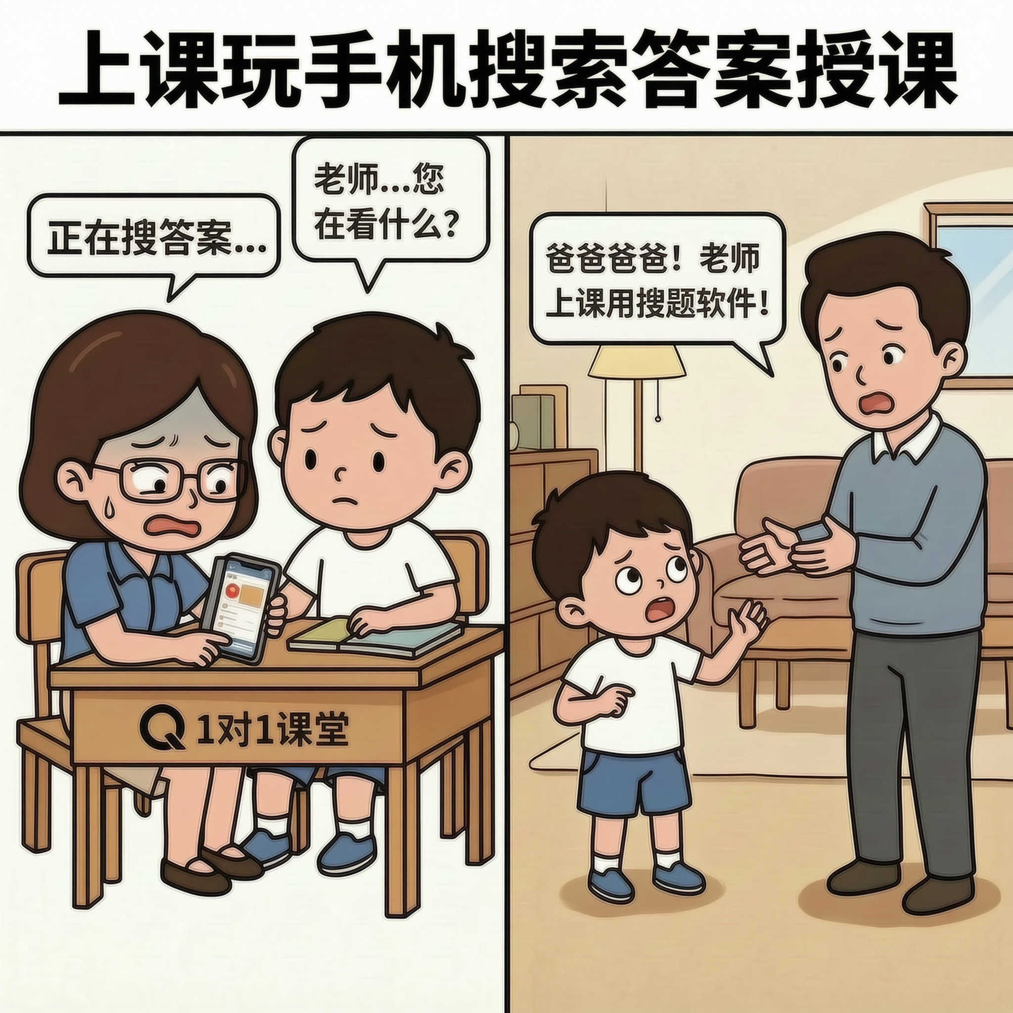 「图片1」打上标题：上课玩手机搜索答案授课 - 图片创意预览
