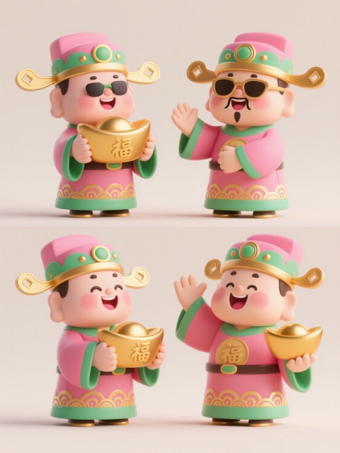 3D卡通风格财神形象，上下两行对齐排列共四个不同动作与表情的财神，每个财神头戴粉色官帽配绿色装饰和金色帽翅，身着粉色与绿色相间的传统官服并饰有金色祥云纹样，手持写有“福”字的金色元宝，财神脸部圆润可爱，分别展现戴着墨镜微笑、拱手作揖、开怀大笑、手持金元宝挥手的不同动态与表情，整体采用柔和渐变色彩，高光与阴影过渡自然，具有光滑细腻的3D塑料质感，背景为浅色简洁背景，构图平衡对称，视觉层次分明。预览效果