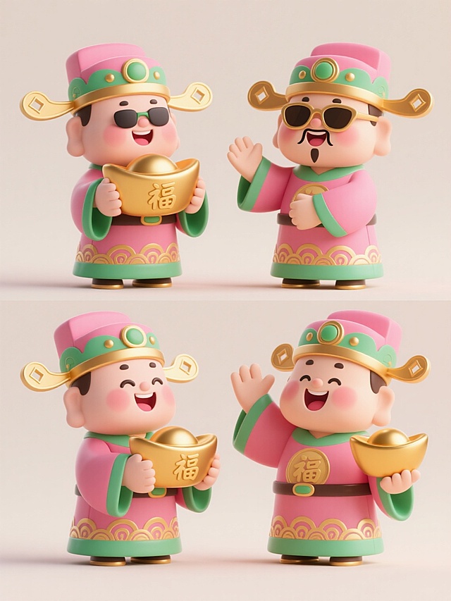 3D卡通风格财神形象，上下两行对齐排列共四个不同动作与表情的财神，每个财神头戴粉色官帽配绿色装饰和金色帽翅，身着粉色与绿色相间的传统官服并饰有金色祥云纹样，手持写有“福”字的金色元宝，财神脸部圆润可爱，分别展现戴着墨镜微笑、拱手作揖、开怀大笑、手持金元宝挥手的不同动态与表情，整体采用柔和渐变色彩，高光与阴影过渡自然，具有光滑细腻的3D塑料质感，背景为浅色简洁背景，构图平衡对称，视觉层次分明。