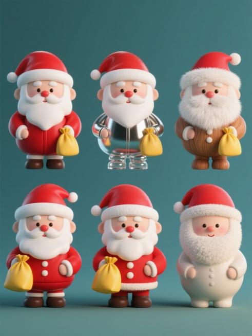 3D立体风格，纯色背景，六个不同材质的圣诞系列素材集合规整排布，每个素材均为戴着红色圣诞帽、蓄着白色胡须、身着红色棉衣、手持黄色礼物袋的Q版圣诞老人造型，材质分别为光滑塑料、哑光金属、透明玻璃、柔软绒毛、木纹纹理、磨砂陶瓷，整体保持一致的可爱圆润造型和圣诞元素内容，色彩搭配以红白为主色调，光影效果柔和自然，营造出节日氛围。预览效果