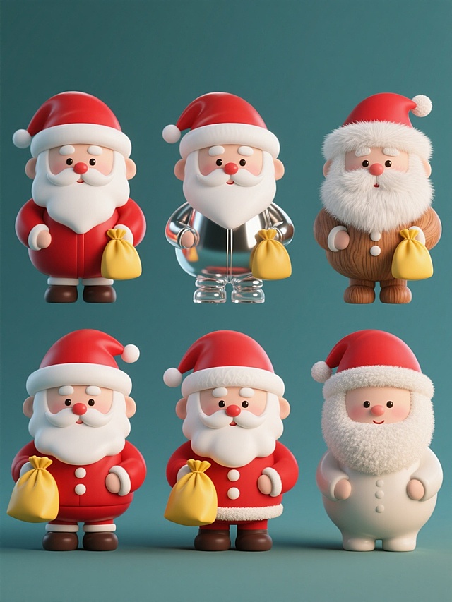 3D立体风格，纯色背景，六个不同材质的圣诞系列素材集合规整排布，每个素材均为戴着红色圣诞帽、蓄着白色胡须、身着红色棉衣、手持黄色礼物袋的Q版圣诞老人造型，材质分别为光滑塑料、哑光金属、透明玻璃、柔软绒毛、木纹纹理、磨砂陶瓷，整体保持一致的可爱圆润造型和圣诞元素内容，色彩搭配以红白为主色调，光影效果柔和自然，营造出节日氛围。