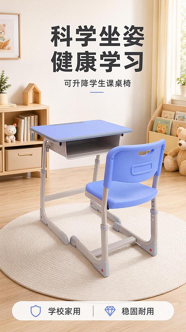 [第1屏] 详情页头图-学生课桌椅产品宣传海报，本屏使用【图1】作为商品主体。
[氛围/风格] 温馨儿童书房场景，明亮通透，商业产品摄影质感，拼多多接地气实用风格
[元素布局] 蓝灰色课桌椅置于画面中下位置，占比约65%，背景为简约浅原木色儿童书房，墙面留白放主标题，桌面保持整洁，强调课桌椅结构、颜色和材质与图1保持一致
[光影质感] 正面柔和自然光，书房顶光辅助，右下角自然投影，整体明暗均匀，产品清晰明亮
[配色色系] 全局底色 #F5F8FA，主色浅原木暖棕，辅助色产品蓝灰，文字深灰点缀
[视角构图] 正面45°斜视角，产品为绝对视觉中心，阅读动线从上到下，标题→产品→底部信息
[文字版式] 版式为顶标题+中下产品+底部信息条。主标题「科学坐姿 健康学习」，副标题「可升降学生课桌椅」，标题字体加粗清晰，底部信息条标注「学校家用 稳固耐用」，文字不遮挡产品主体，大小适配移动端阅读
[比例分辨率] 9:16 竖版比例，4K分辨率，文字清晰可辨，高清画质
[负向提示词] 产品变形，缺件错件，颜色偏差，文字错乱，文字过小，水印，平台logo，背景杂乱