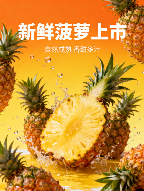 广告风格菠萝宣传海报，中心构图，画面正中间是切开的新鲜菠萝，果肉饱满汁水充盈，周围等距等角度簇拥着多个完整的菠萝，有水滴溅起的晶莹水花，背景是渐变橙黄色，色彩高饱和度鲜艳明亮，海报上半部分有纯白艺术字预览效果