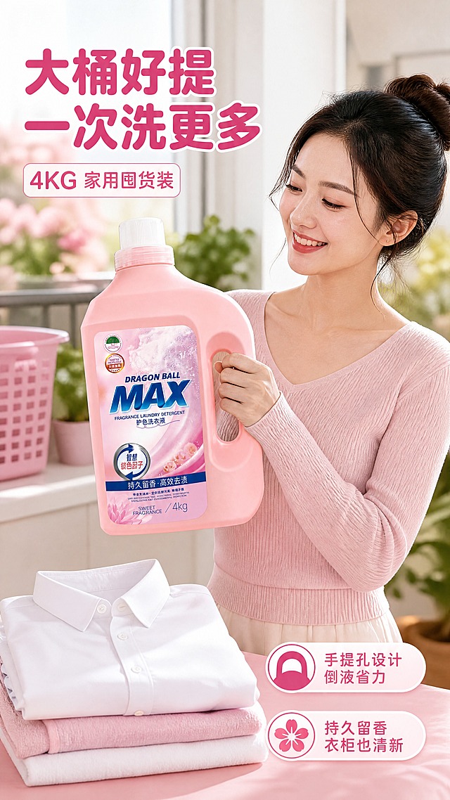 [商品] 使用【图1】粉色护色洗衣液正面瓶身；保留瓶体结构、手提孔、白色瓶盖、粉色半透明材质、标签版式与原有文字（DRAGON BALL MAX、护色洗衣液、持久留香 高效去渍、4kg）；人物单手提握手提孔，手指自然扣合，瓶体竖直不倒，符合真实提拎受力。
[画面] 目标：真人使用，突出4KG大桶好提、居家洗衣日常。构图：上下分栏，上半为亚洲成年女性（约30岁，居家浅粉针织上衣）在明亮阳台/洗衣区单手拎起洗衣液桶的腰部以上半身画面，桶身清晰占画面约55%，人物微笑自然看向桶身；下半为同一场景的浅景深延续，浅粉台面上叠好的白衬衫与毛巾。景别=中景半身+近景。前中后景：前景产品与手部，中景人物，后景虚化的阳台绿植、粉色洗衣篮与窗外柔光。
[视觉] 套系策略：风格=拼多多高转化实拍商业风；标题字=粗圆黑体；正文字=细黑体；主色=樱花粉；背景延展=浅粉白渐变+家居布艺与绿植点缀；强调色=玫红仅用于标签与图标；标题色=深玫红；正文色=深灰；组件=圆角白底信息卡、胶囊标签；光影=窗侧自然光+柔和补光，肤色真实。
[文字] 全部文字横排。左上主标题“大桶好提 一次洗更多”，副标题“4KG 家用囤货装”，右下两张胶囊标签“手提孔设计 倒液省力”“持久留香 衣柜也清新”。文字不遮挡人物面部与瓶身标签，字号手机端清晰可读。
[规格] 图片比例9:16竖版，1080x1920，4K，避免手部畸形多指、瓶体悬空或变形、人物面部失真、文字竖排错字、二维码、条形码、平台Logo、水印。