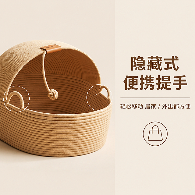 1:1 竖版电商主图，严格还原上传的天然绳编半封闭猫窝产品，包括浅卡其色绳编材质、半封闭穹顶造型、顶部棕色皮质标、绳结装饰、两侧提手等所有细节，产品外观、配色、材质质感完全与参考图一致，保持哑光绳编的天然肌理质感。整体为极简浅米色背景，突出产品的便携设计。杂志风排版，画面左侧为猫窝特写，重点展示两侧的隐藏式提手，采用侧方 45° 拍摄角度，清晰呈现提手的设计；右侧为文字信息区，主标题 "隐藏式便携提手"，副标题 "轻松移动 居家 / 外出都方便"，搭配简约的手提袋线条图标，暖棕色无衬线字体，上下居中排版，文字与产品分区清晰，排版精致。整体画面高清，光影干净，色调统一，无多余元素，卖点突出。排除模糊、低画质、变形、产品外观改变、配色改变、材质质感改变、提手变形 / 消失、文字错误、画面杂乱、色彩割裂、多余杂物、非 1:1 比例、遮挡提手细节的画面