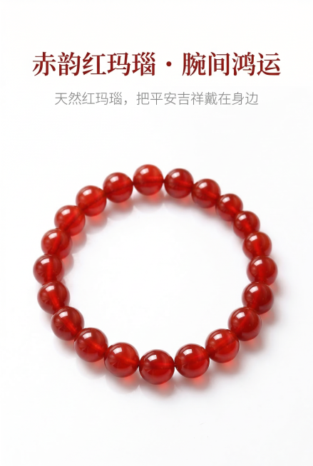 电商详情页首屏主视觉海报，严格还原上传的红玛瑙圆珠手链产品图所有细节，产品比例协调无突兀。手链为单圈串珠设计，珠子为天然红玛瑙，直径约8-10mm，色泽饱满红润，高光泽通透质感，珠体圆润光滑，手工串制预览效果