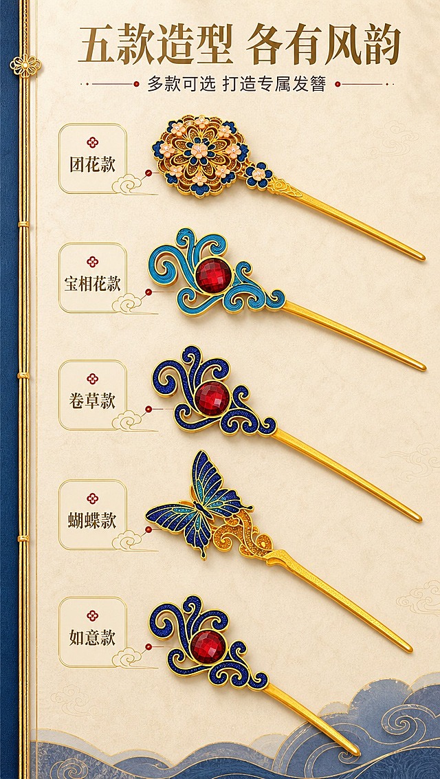 [商品] 使用【图1】5款3D打印DIY发簪成品全家福；保留团花款、宝相花款、卷草红宝石款、蝴蝶款、如意红宝石款全部5款的造型、颜色和结构；商品处理：保留原貌，整齐排列，增强整体质感。
[画面] 页面目标：多款式展示，呈现丰富选择。构图：竖向排列5款发簪，每款旁边标注款式名称，主体占画面75%。景别：组合展示中景。从上到下依次展示不同款式，每款发簪斜放展示最佳角度。背景：浅米色宣纸质感，左侧金色竖线装饰，营造国风册页感。
[视觉] 套系策略：风格=国风新中式轻奢商业摄影；标题字=宋体衬线粗体（国风典雅）；正文字=简洁无衬线体；主色=鎏金+宝蓝；背景延展=基于鎏金、宝蓝做深浅层级渐变，搭配暗纹祥云、宣纸质感底；强调色=朱砂红，仅用于小面积标签、引线和重点字；标题色=深金色；正文色=深棕灰；组件=金色描边圆角信息卡、云纹引线、圆点装饰；光影=左前侧暖柔光，均匀照亮每款发簪。
[文字] 主标题：五款造型 各有风韵；副标题：多款可选 打造专属发簪；款式标注：团花款、宝相花款、卷草款、蝴蝶款、如意款。顶部大标题，每款发簪旁配款式名称小标签。
[规格] 图片比例9:16竖版，4K分辨率，淘宝/天猫详情页风格，中文简体，避免变形、错字、文字过小、发簪造型失真、颜色改变。