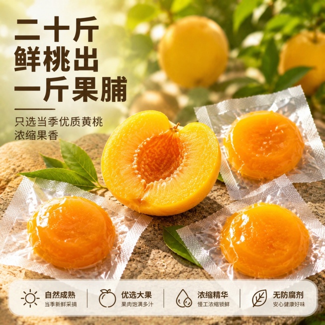 [主图-2] 核心工艺展示，黄桃原料溯源主图。[氛围风格] 自然果园新鲜氛围，突出原料高品质。[画质] 商业摄影质感，清晰真实，通透自然。[元素] 画面中心放一颗切开的新鲜黄桃，露出饱满多汁的果肉，周预览效果