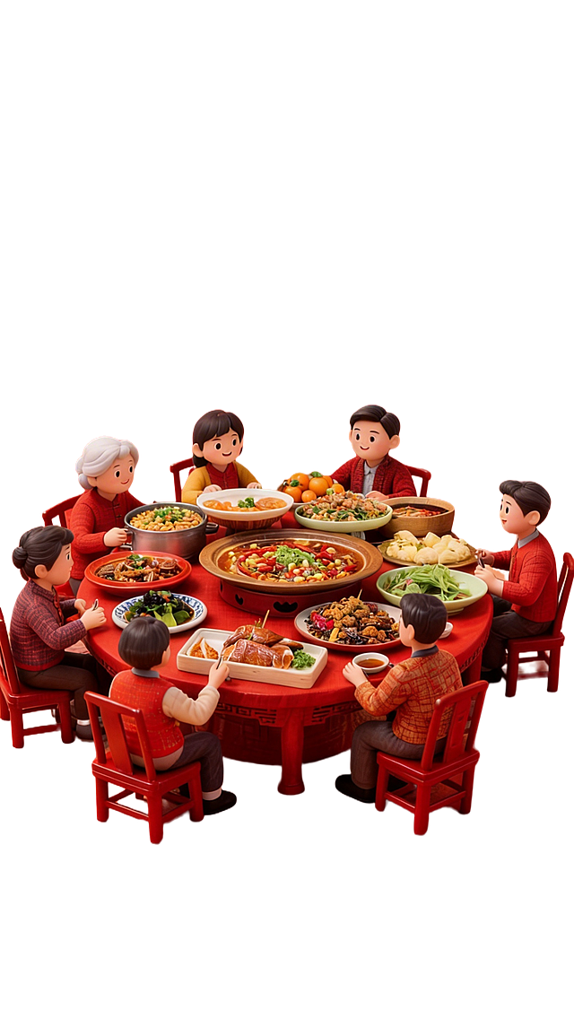 去除画面中的卷轴元素，只保留圆桌、桌上的菜品和围坐的小人，画面和谐自然