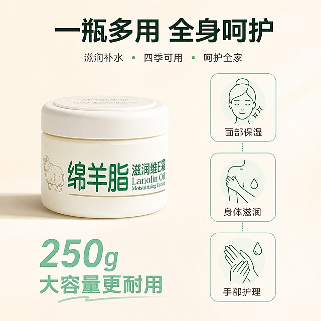[主图-2] 核心卖点图，突出250g大容量与一瓶多用的高性价比。
[统一基调] 整体风格纯净温润简约高级，背景主色为奶油米白渐变，标题字色为深墨绿，辅助字色为暖棕灰，强调色为浅薄荷绿，字体样式为干净现代非衬线体，字号层级分明，卡片与图标采用圆角细线极简样式。
[画面] 产品单罐绵羊脂维E霜置于画面左侧，占比约40%，罐身正面朝向观众。右侧区域用三个圆角细线图标卡片竖向排列，分别展示三个使用场景图标：脸部护肤图标、身体乳图标、护手霜图标，每个图标下方配简短文字说明。图标卡片之间用细虚线连接，体现一瓶多用的概念。背景为柔和米白渐变，底部有细腻的产品投影。产品外观与输入图完全一致。
[光影质感] 商业摄影质感，柔和自然光从右侧照射，罐身左侧形成自然阴影，体现罐体的立体感与温润材质，图标卡片为扁平极简风格，与产品质感形成层次。
[配色] 背景奶油米白，产品白绿主色，图标为浅薄荷绿线条，文字深墨绿与暖棕灰搭配，整体和谐统一。
[文字版式] 画面顶部居中大标题「一瓶多用 全身呵护」，深墨绿色粗体。右侧三个图标卡片分别标注「面部保湿」「身体滋润」「手部护理」，暖棕灰色小字。左下角标注「250g 大容量更耐用」，浅薄荷绿加粗字体。文字排版清晰，不遮挡产品主体。
[输出要求] 1:1正方形比例，2K分辨率，文字清晰，产品清晰，无变形错字，无水印无平台Logo，信息层级分明，卖点突出。