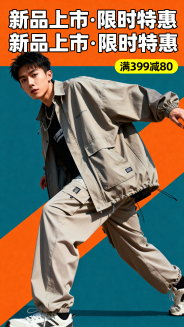 新品上市促销海报，街头潮流风格，年轻男性模特穿着宽松版型服饰，整体画面活力动感，采用撞色设计，搭配醒目的大字促销文案，干净背景，时尚杂志风，高质感，商业广告级画质预览效果