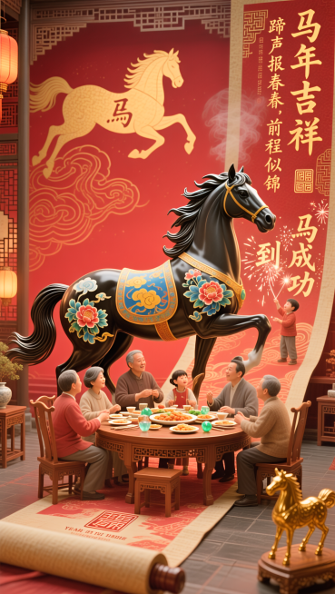 《丙午迎春图》数字三维长卷，以亚麻肌理为基底，丝绸光泽为表层，全景展现马年新春的吉庆场景。画面核心为一匹健硕雄骏、鬃毛飞扬的“锦绣腾云马”彩塑，作为视觉焦点，其周身饰以祥云与牡丹纹样，家人围坐于镶嵌玛预览效果