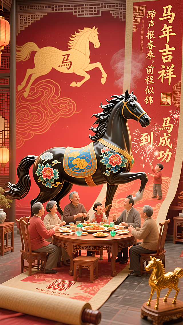 国潮风融合重拟物与鎏金浮雕，中式古典场景中马年吉祥主题跃然眼前，喜庆团圆宴彰显节日氛围。