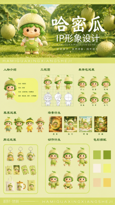生成哈密瓜IP形象展板，保留原图片的排版布局，把原来的橘子IP替换成哈密瓜IP，标题改为哈密瓜IP形象设计，整体风格保持可爱卡通潮玩风，绿色搭配哈密瓜黄色调预览效果