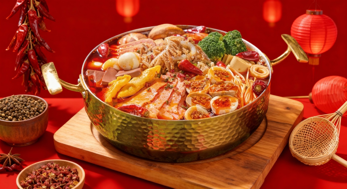 为图中的菜品生成高端商业餐饮摄影产品写真，极简的红色莫兰蒂色调背景，丰富的道具配饰体现菜品四川麻辣烫红油辣汤底的风味，明快的色调。深度理解画面中未显示完全的部分，并扩充合理的内容。图片需3000X18预览效果