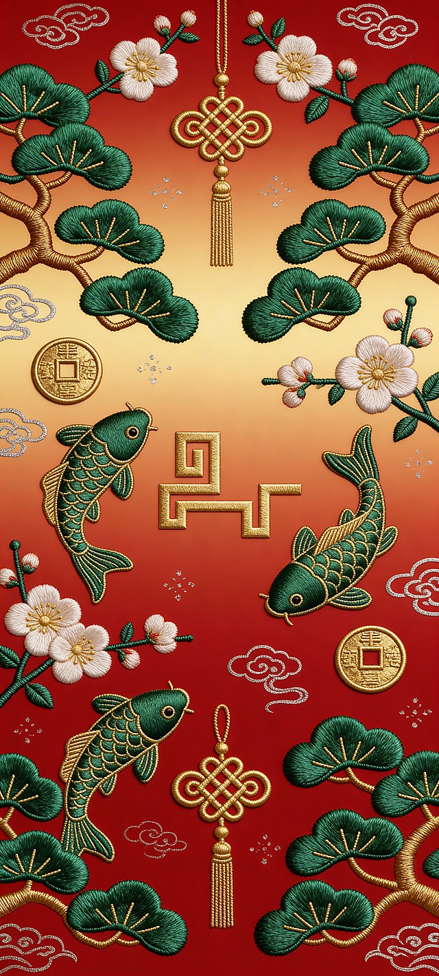 参考图1中的标志，与松枝、梅花、锦鲤、铜钱、如意结等吉祥元素以乱序重复排布，背景为暖金渐变绯红，元素采用松绿色苏绣质感（针脚纹理清晰、丝线带哑光光泽），构图呈半对称式，点缀细碎的银色祥云暗纹，4K 超清轻奢级纹样，营造清雅又喜庆的春节氛围。