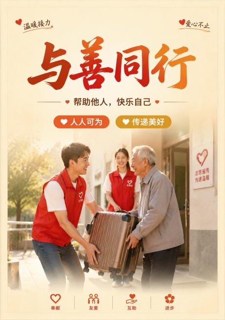 公益海报A4尺寸，写实温暖风格，画面展示志愿者帮助搬运行李的公益场景，主标题大字"与善同行"，副标题小字"帮助他人，快乐自己"，角落装饰文字"温暖接力"和"爱心不止"，卖点标签"人人可为"和"传递美好预览效果