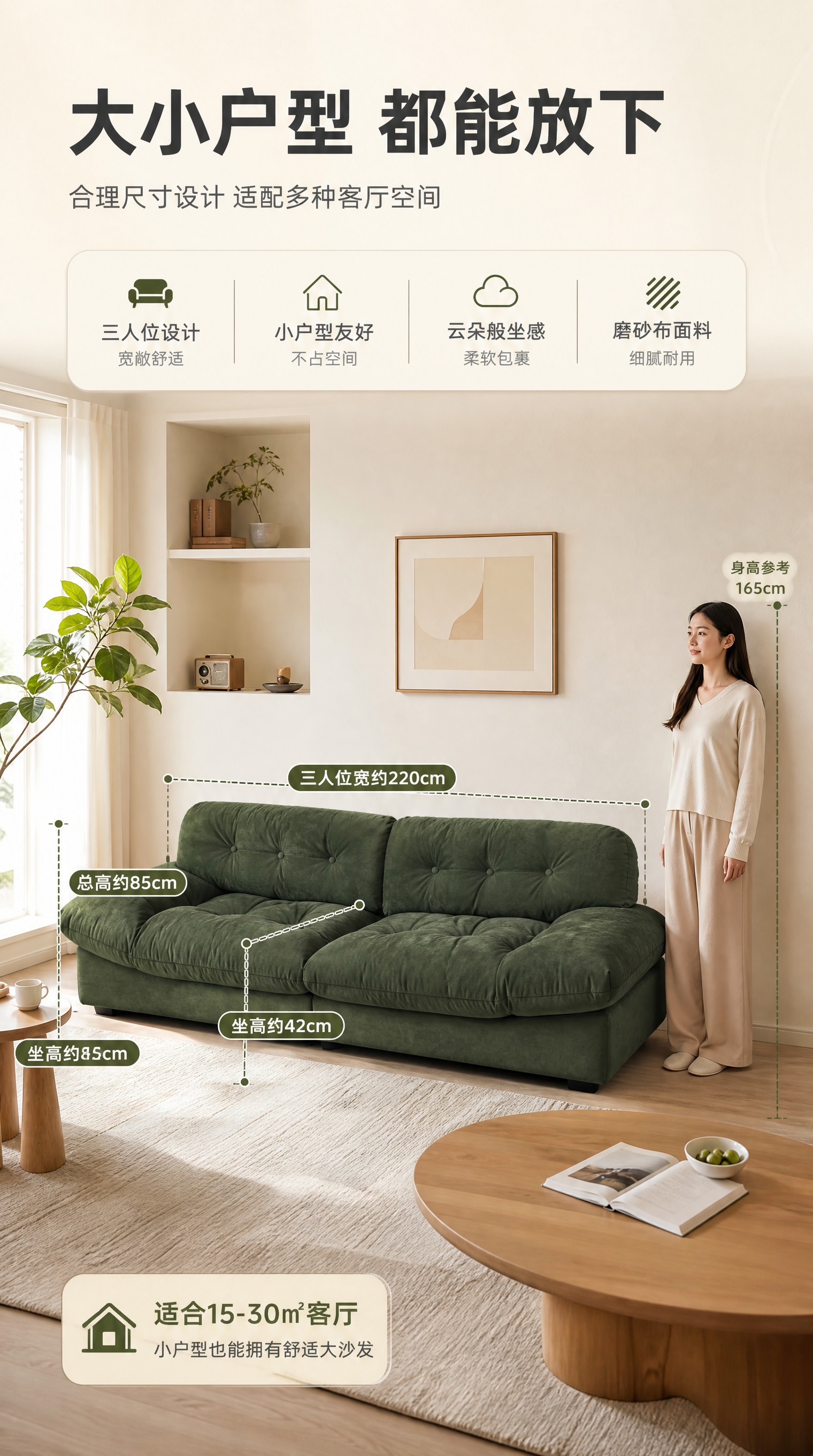[商品] 使用【图1】墨绿色磨砂布艺三人位云朵沙发；保留整体造… - 图片创意预览