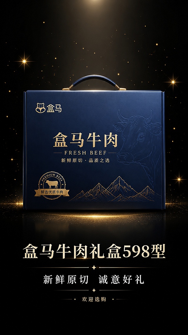 「图片1」「图片1」「图片1」，生成一套详情页，商品名称为盒马牛肉礼盒598型，详情页整体黑色调，有牧场，整体看起来高贵，适宜，适配淘宝/天猫平台，单图比例为9:16，需求屏数为12张。