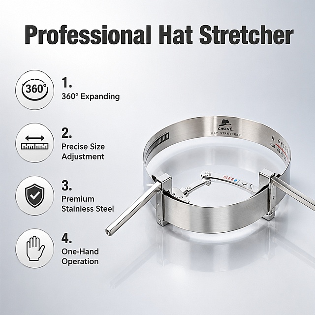 Amazon e-commerce main image 2, light gray gradient background, feature showcase of stainless steel hat stretcher. Left side has 4 numbered feature icons with English text: '1. 360° Expanding', '2. Precise Size Adjustment', '3. Premium Stainless Steel', '4. One-Hand Operation'. Right side shows the hat stretcher product at 45-degree angle, stainless steel silver finish, clearly showing the adjustment handle and expanding mechanism. The product is placed on a subtle reflective surface. Top has a bold headline text 'Professional Hat Stretcher' in dark gray sans-serif font. Clean and modern layout, functional design style. Soft studio lighting from upper left, metal highlights crisp. All text in English, clear and readable, placed in negative space not blocking the product. 1:1 square format, high quality commercial photography.