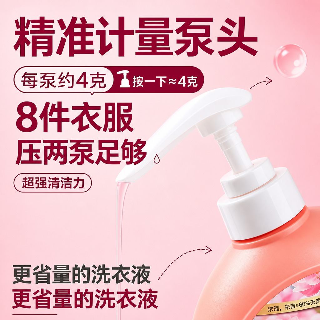 淘宝天猫1:1电商主图，禾氛浓缩洗衣液精准计量泵头卖点，参考图… - 图片创意预览