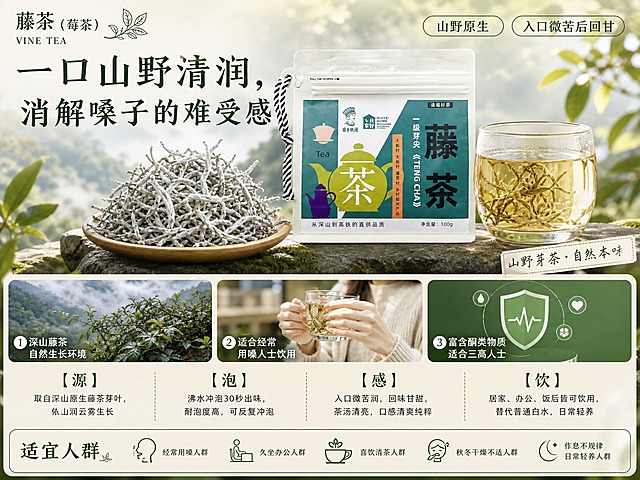 藤茶（莓茶）产品海报，4:3横版比例，山野自然清新风，写实商业摄影质感。画面顶部左上角为品牌基础信息区：中文品名"藤茶（莓茶）"，英文品名"VINE TEA"，旁边配藤蔓茶叶简约线稿图标。顶部右侧有四个椭圆形标签，分别写"山野原生"、"入口微苦后回甘"。画面中部为主视觉大图区域：左侧是莓茶干茶特写（白霜明显的龙须芽尖），右侧是透亮茶汤成品图（玻璃杯中浅黄金色茶汤，清澈透亮），干茶与茶汤并列呈现，质感真实。主视觉下方有三张小场景图横向排列：场景小图1-深山藤茶自然生长环境（云雾缭绕的山间藤蔓）；场景小图2-适合经常用嗓人士饮用（人物轻握茶杯的手部特写）；场景小图3-富含酮类物质适合三高人士（简约健康图标示意）。主视觉大图右下角有贴纸小字"山野芽茶・自然本味"。画面中上部是导语标题大字"一口山野清润，消解嗓子的难受感"，字体清雅有力。画面底部是四栏文案区，横向均分四格：第一格【源】"取自深山原生藤茶芽叶，依山涧云雾生长"；第二格【泡】"沸水冲泡30秒出味，耐泡度高，可反复冲泡"；第三格【感】"入口微苦润，回味甘甜，茶汤清亮，口感清爽纯粹"；第四格【饮】"居家、办公、饭后皆可饮用，替代普通白水，日常轻养"。最底部是宣传栏，标题"适宜人群"，内容为"经常用嗓人群、久坐办公人群、喜饮清茶人群、秋冬干燥不适人群、作息不规律日常轻养人群"。整体配色以深绿、茶绿、米白、浅金为主，营造山野原生、清润自然的茶饮氛围。背景为浅米色渐变，点缀虚化的藤叶、云雾、光斑等自然元素。版式精美，层次分明，文字清晰可读，四周留足安全边距。画面中所有信息区域必须填充完整合理的内容，不得出现空白框或占位。藤茶产品包装袋100%还原上传商品图的产品外形、包装、LOGO、印刷文字、净含量，完整保留原图中的袋型、轮廓、结构、比例、标签版式、品牌logo、颜色与正面朝向，商品主体在主视觉区域自然呈现，设计仅作用于背景、光影、道具、版式和文字区。