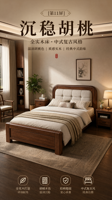 [第11屏]胡桃色款全实木床全景展示，标题沉稳胡桃 中式复古风格，展示图片4胡桃色款在卧室全景，保留产品结构颜色，温馨氛围，9:16，4K，文字清晰。预览效果