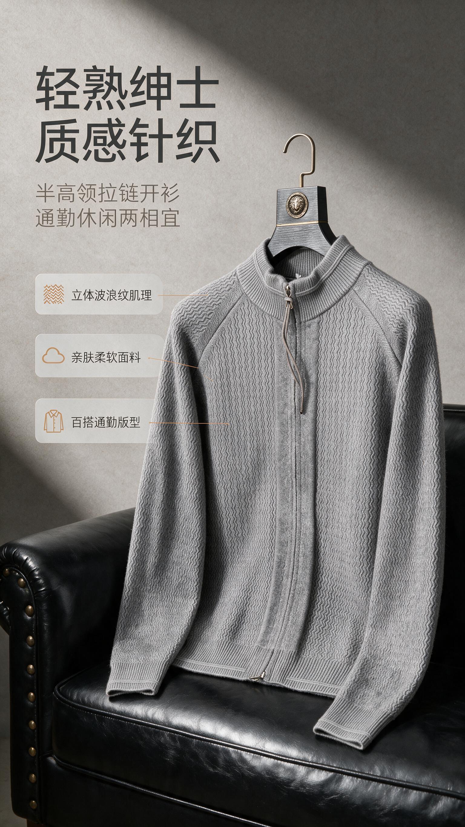 [商品] 使用【图1】男士灰色半高领拉链针织开衫；商品处理：保… - 图片创意预览