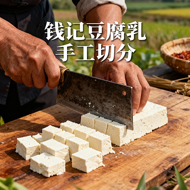 用这张图中的豆腐乳照片生成10张商品详情页风格：田园风格，要求：钱记豆腐乳净含量380克/罐，有机黄豆，手工制作豆腐，手工切，纯自然发酵，无添加防腐剂