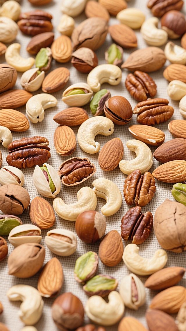各种坚果以均匀分散的方式铺满整个画面，包括饱满的杏仁、弯曲的腰果、带壳的开心果、棕色的核桃、椭圆形的碧根果、浅褐色的巴旦木，色彩丰富，有棕色、米白、浅黄、绿色等自然坚果色调，采用俯拍视角，坚果之间紧密排列无明显空隙，呈现出真实的质感和光泽，背景为自然的浅色调麻布纹理，整体画面充满自然、健康、丰盛的氛围，坚果大小不一，随机分布，形成和谐的视觉效果。