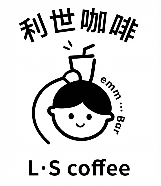 高清重绘这个咖啡logo，转为清晰矢量图风格，保留原有图案和所有文字内容：上方文字'利世咖啡'，图案是头部带咖啡杯的简约小人，旁边文字'emmm...Bar'，下方文字'L·S coffee'，保持黑预览效果
