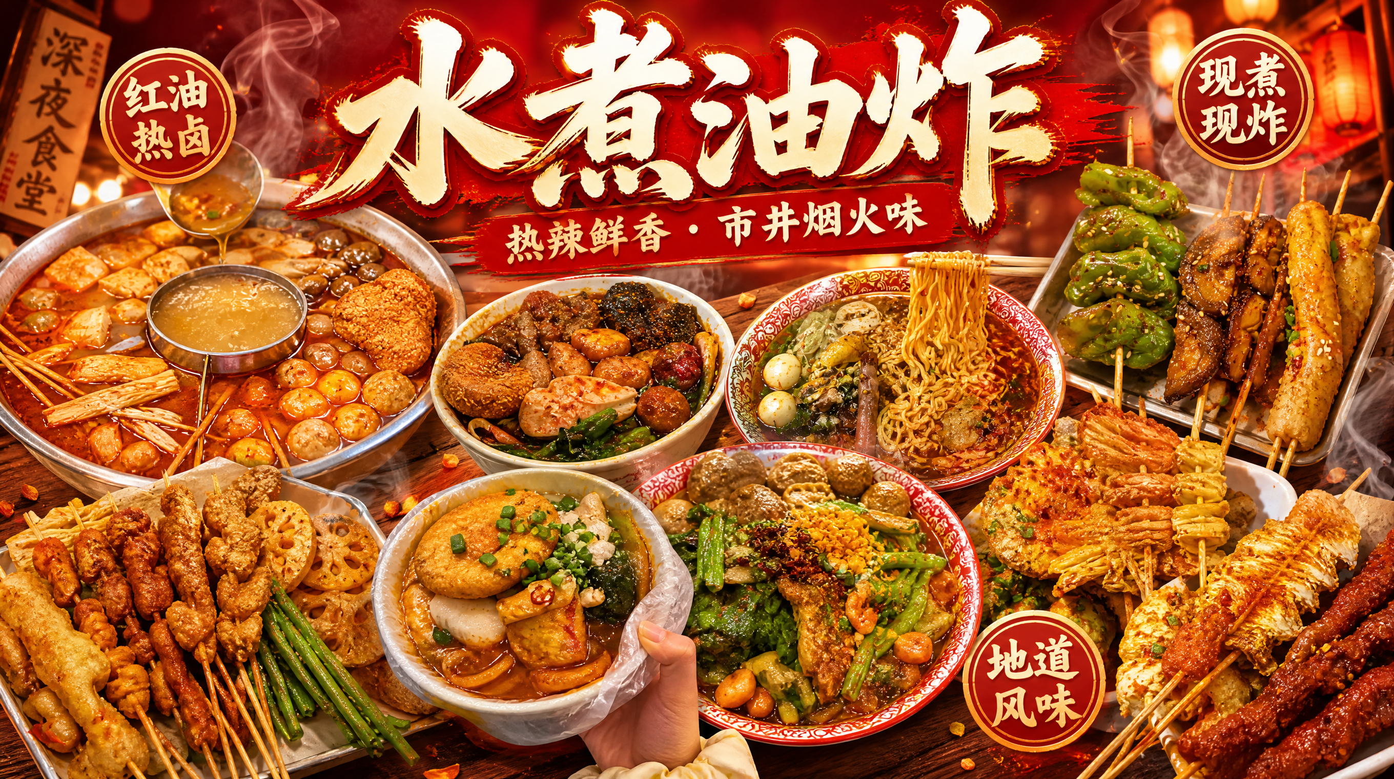 一张水煮油炸美食海报，横版构图，市井烟火气食欲感满满。画面以9… - 图片创意预览