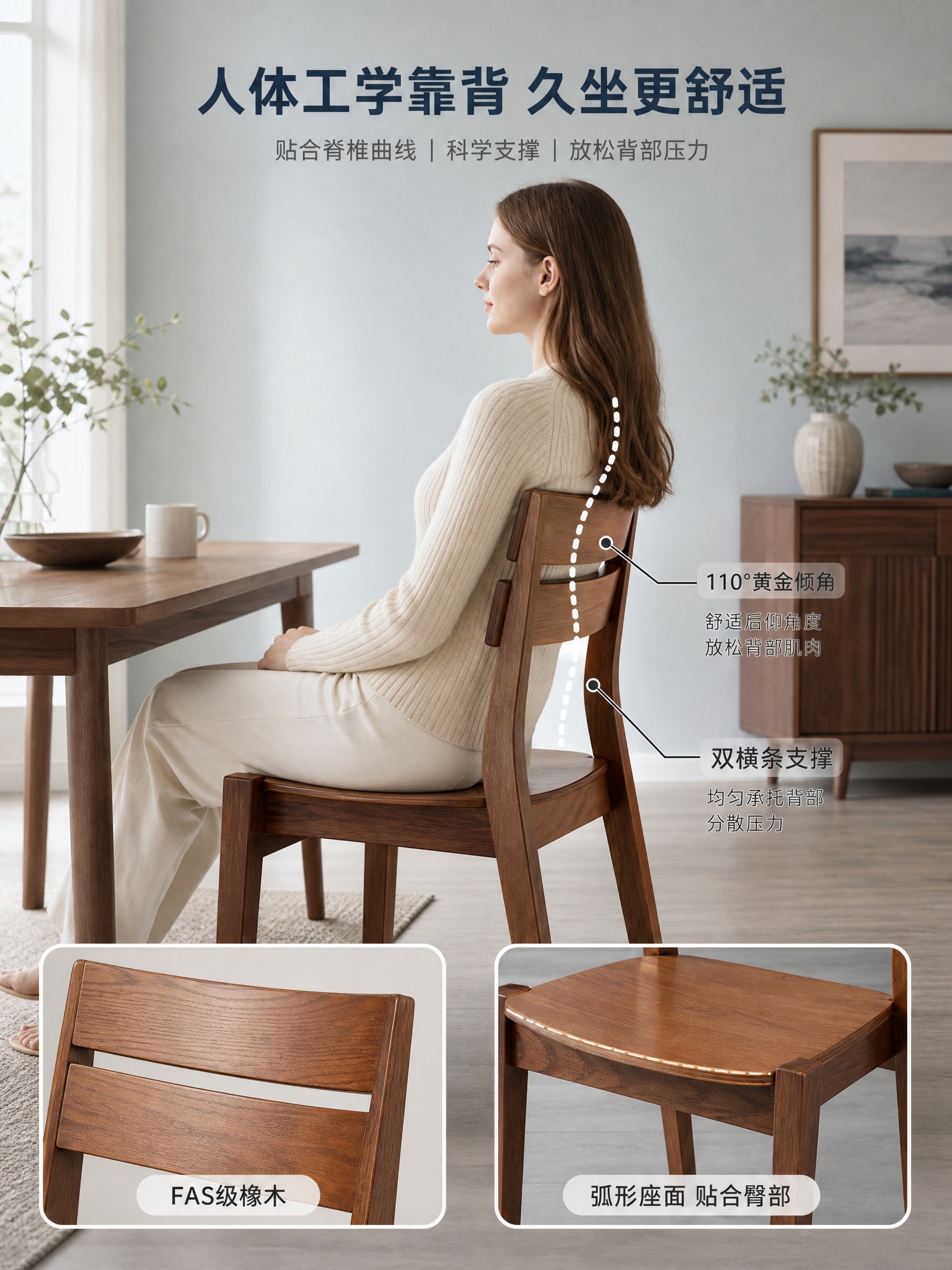 [主图-3] 人体工学靠背功能亮点图，展示餐椅靠背的舒适设计和… - 图片创意预览