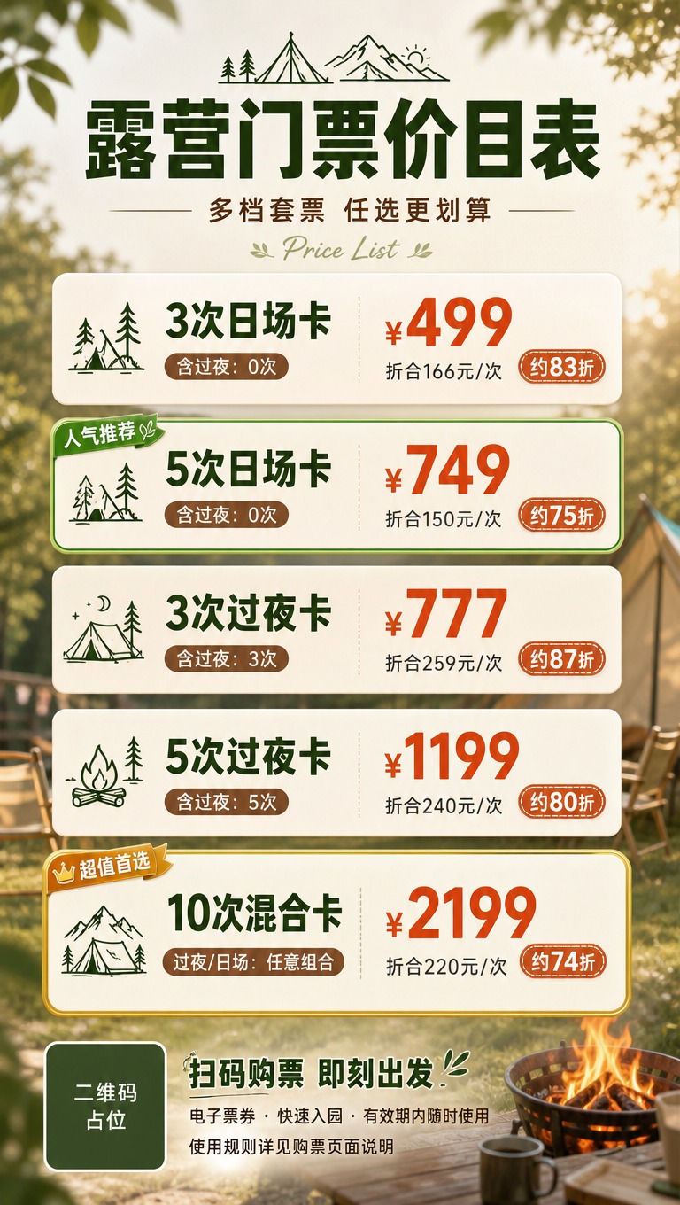 [主题] 露营门票价目表海报，自然露营户外风格，清新绿棕配色，… - 图片创意预览