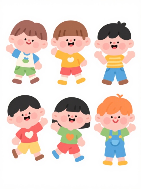 6个儿童角色组成的系列素材套系，保持圆润可爱的Q版卡通风格，每个孩子造型、穿搭和动作各不相同，色彩明快鲜艳，采用平滑的矢量线条和饱满的色块填充，角色表情生动活泼，面带笑容，整体构图规整排列，白色背景，无文字和多余元素，展现欢乐童趣的氛围。预览效果
