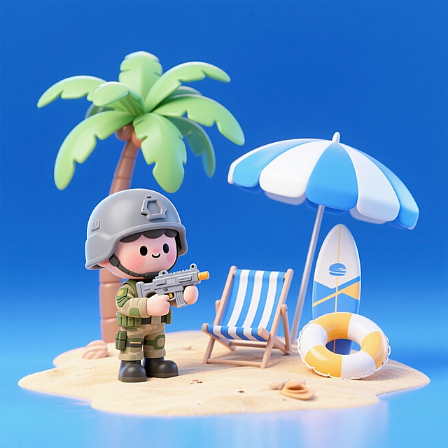 海岛奇兵，软3D风卡通设计，可爱小兵在沙滩度假，椰树、躺椅与冲浪板营造轻松夏日氛围。
