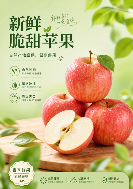 写实商业摄影，清新食欲风苹果海报。主标题“新鲜脆甜苹果”，副标题“自然产地直供，健康鲜果”，装饰文案“鲜甜多汁 口感清脆”，卖点标签“自然种植”“饱满多汁”“脆甜爽口”。画面中心展示新鲜红润的苹果，放预览效果