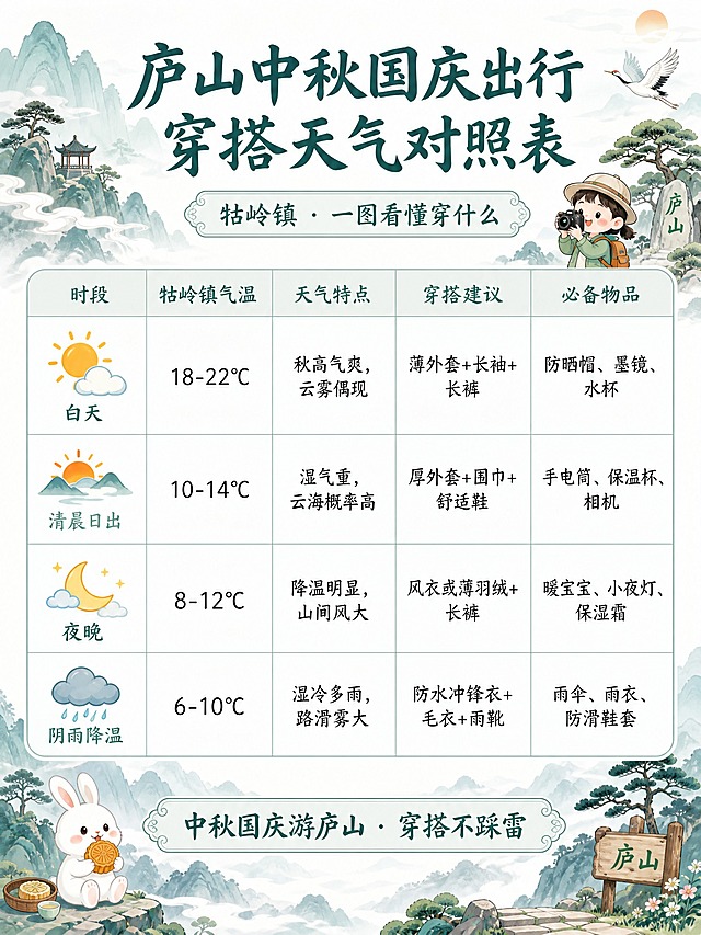 旅游攻略信息图表海报，简约高级国风卡通可爱俏皮风格，3:4竖版，白底淡青山水底纹，柔和自然光，干净清爽。画面顶部居中主标题「庐山中秋国庆出行穿搭天气对照表」，副标题「牯岭镇 · 一图看懂穿什么」。画面中央是一张整齐的信息表格，浅灰纤细边框，表格线条纤细，文字清晰可读，字体柔和，排版整齐。表格共5列4行数据。表头列名依次为：「时段」「牯岭镇气温」「天气特点」「穿搭建议」「必备物品」。第一行数据：白天 / 18-22℃ / 秋高气爽，云雾偶现 / 薄外套+长袖+长裤 / 防晒帽、墨镜、水杯。第二行数据：清晨日出 / 10-14℃ / 湿气重，云海概率高 / 厚外套+围巾+舒适鞋 / 手电筒、保温杯、相机。第三行数据：夜晚 / 8-12℃ / 降温明显，山间风大 / 风衣或薄羽绒+长裤 / 暖宝宝、小夜灯、保湿霜。第四行数据：阴雨降温 / 6-10℃ / 湿冷多雨，路滑雾大 / 防水冲锋衣+毛衣+雨靴 / 雨伞、雨衣、防滑鞋套。画面四个角落点缀庐山云雾卡通小插画，淡青色山水云雾元素，可爱俏皮。底部有装饰短句「中秋国庆游庐山 · 穿搭不踩雷」。无多余水印，无二维码，高清，文字清晰不模糊，所有单元格内容填充完整，无空白。画面中所有数字必须精确渲染，不得错位、遗漏或编造。画面中必须完整呈现以上所有表格文字信息。