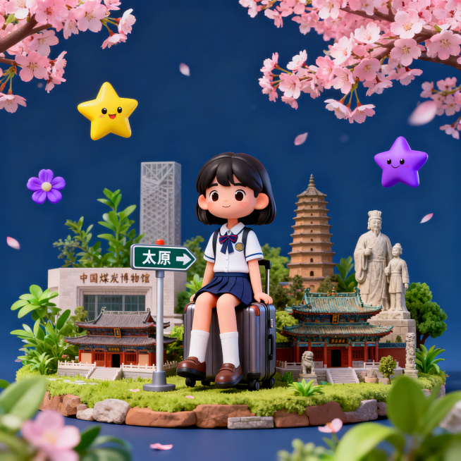 旅游追光少女，3D卡通风格，深蓝色背景，正视图，立体微缩景观。一个初中生女孩坐在行李箱上，旁边是小型指路牌，上面有文字“太原”，身后是中国煤炭博物馆和太原晋祠圣母殿以及介子推母子雕像以及中国的古代微缩预览效果