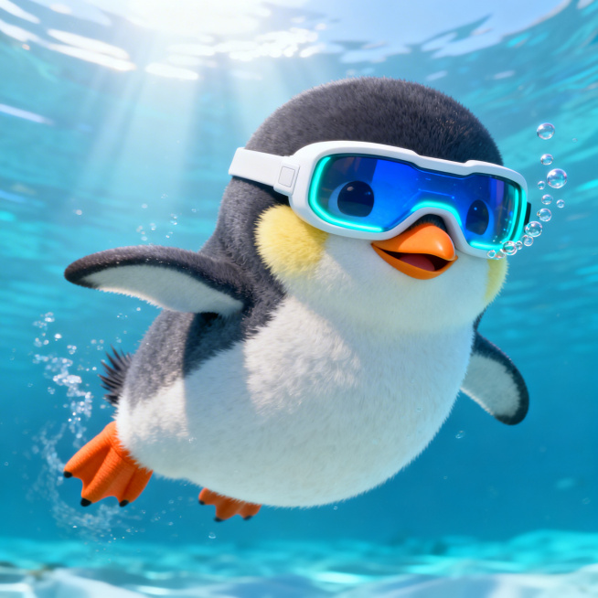 A Disney-style baby emperor penguin swimming underwater. The fluffy and round baby emperor penguin i预览效果