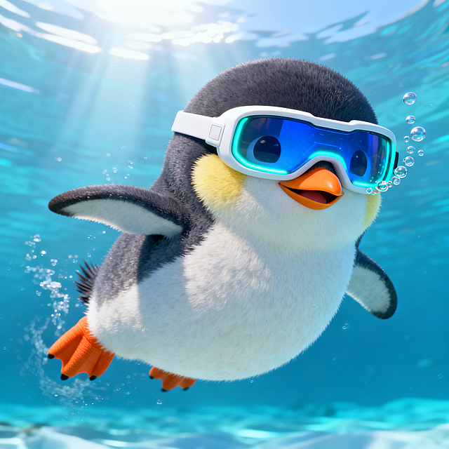 A Disney-style baby emperor penguin swimming underwater. The fluffy and round baby emperor penguin is 2.5 body lengths tall, with dark gray back, white abdomen, light yellow fluff on cheeks and a small orange beak. It has a gentle and happy expression. It wears high-tech smart goggles with white frames, blue lenses and thin cyan LED lights on the edges, the goggles look futuristic and fit the face perfectly, no other cyber components. The penguin is in a free swimming posture: one short wing stretched forward, the other flapping backward, orange webbed feet kicking water behind, bubbles along the beak edge. The water is clear, light shines down from above, the background is a bright ocean.  Pixar 3D rendering, soft underwater light, bright colors, 8K.