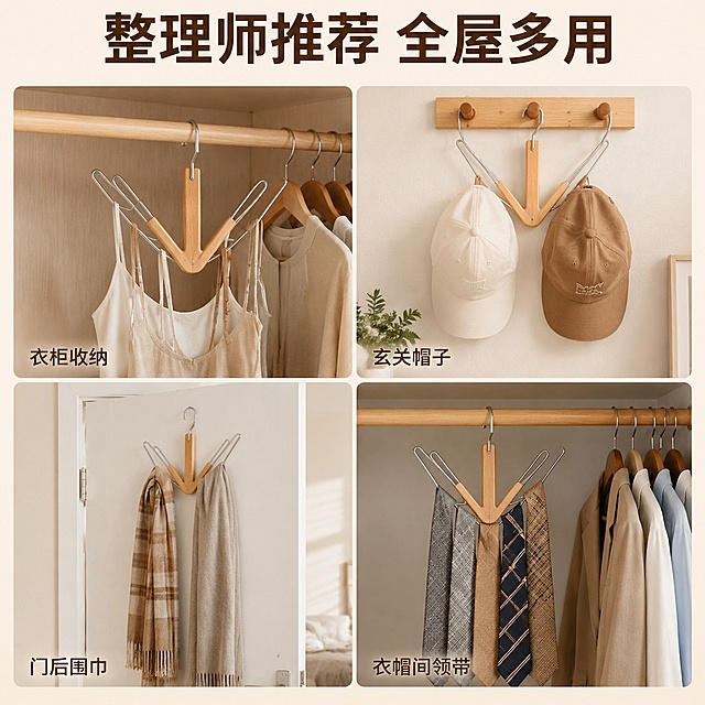 [主图-4] v型双边衣架多适用场景展示，氛围风格：真实家居场景多宫格展示；画质：清晰真实家居摄影，光影统一自然；元素：四宫格布局，分别展示衣柜挂吊带、玄关挂帽子、门后挂围巾、衣帽间挂领带四个使用场景，每个场景产品都保持外观结构颜色与原图一致，每个宫格标注场景名称，整体浅暖木色+米白家居色调；光影：每个场景都采用自然家居光照，光影统一柔和；配色：整体暖调统一，原木+米白为主；视角构图：四宫格均衡布局，每个场景产品主体清晰；文字版式：每个宫格左下角标注场景名“衣柜收纳”“玄关帽子”“门后围巾”“衣帽间领带”，深棕色小字，清晰不抢主体；顶部居中大字“整理师推荐 全屋多用”，深棕色粗体；输出要求：1:1比例，文字清晰，超高清真实质感；负向提示词：变形，文字错乱，产品图模糊，背景杂乱，水印，电商平台Logo