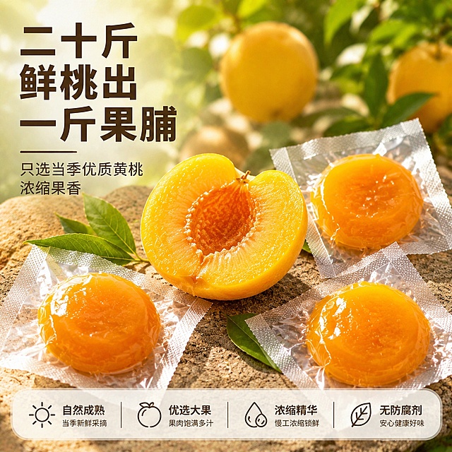[主图-2] 核心工艺展示，黄桃原料溯源主图。[氛围风格] 自然果园新鲜氛围，突出原料高品质。[画质] 商业摄影质感，清晰真实，通透自然。[元素] 画面中心放一颗切开的新鲜黄桃，露出饱满多汁的果肉，周围环绕3颗独立包装的成品黄桃果脯，背景是户外桃园，阳光穿过树叶光斑斑驳。保持黄桃果脯产品外观与输入产品图绝对一致，无变形色差。[光影] 自然日光，侧光打透果肉，汁水光泽清晰可见。[配色] 暖黄果肉搭配绿叶浅土色，自然清新。[视角构图] 中心俯视构图，产品和原料都清晰展示。[文字版式] 左侧大字写"二十斤鲜桃出一斤果脯"，深棕粗体，下方小字说明"只选当季优质黄桃 浓缩果香"，底部横向标注核心数据，用图标加文字突出原料优势。[输出要求] 1:1 比例，文字清晰锐利，超高清商业摄影质感。[负向提示词] 变形，文字错乱，产品图模糊，背景杂乱，水印，电商平台Logo。