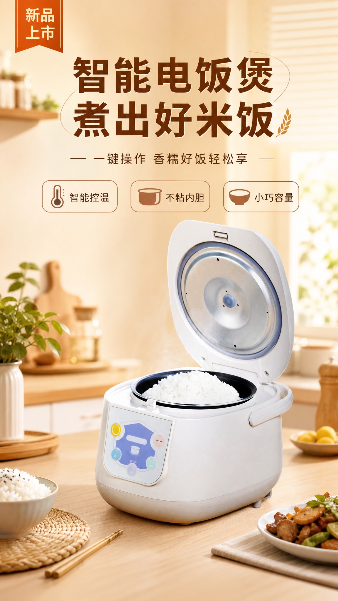 电饭煲商品营销海报，生活展台型风格，温馨厨房氛围。画面中下部是… - 图片创意预览