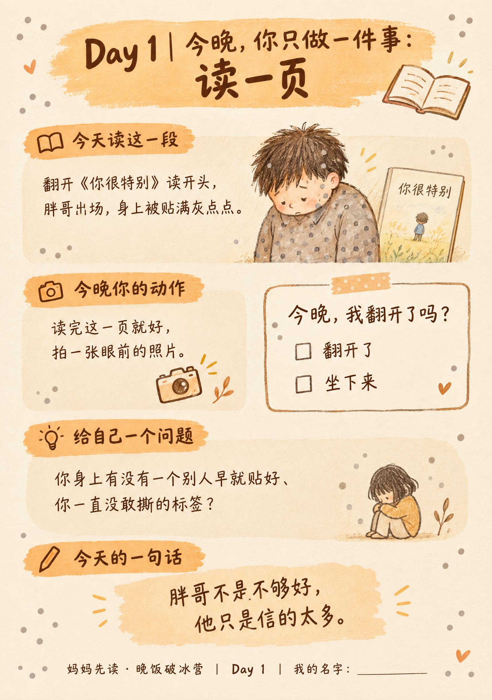 A5手册内页设计，温暖治愈手绘风格，Day 1页面。顶部大标题… - 图片创意预览