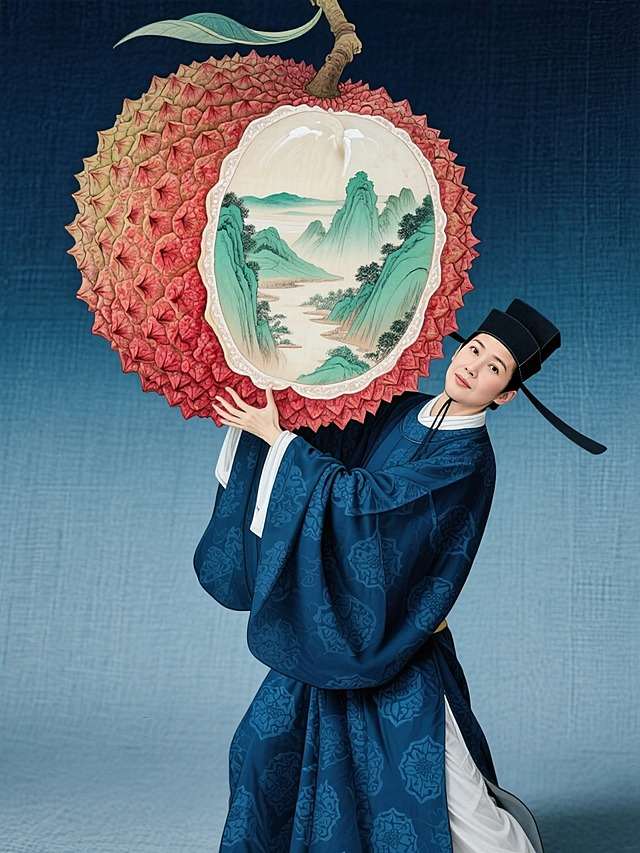 东方美学摄影视觉，古装人物真人（身着冷蓝丝绸唐代小吏官服，暗纹细节）负重举起一颗巨型工笔插画荔枝（宽度几乎撑满画布，外壳粗糙写实纹理，剖面嵌套工笔青绿山水意境，暖红晕染）的动态。简单干净的背景：用暗蓝色渐变到靛蓝（明显的麻布面纹理）